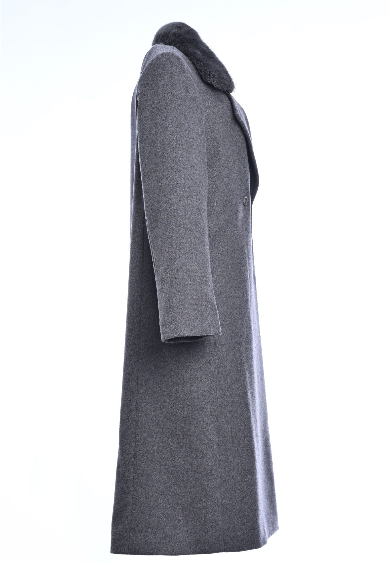 Pure Cashmere Coat with Reversible Down Vest with Mink Collar side view of the coat without the vest