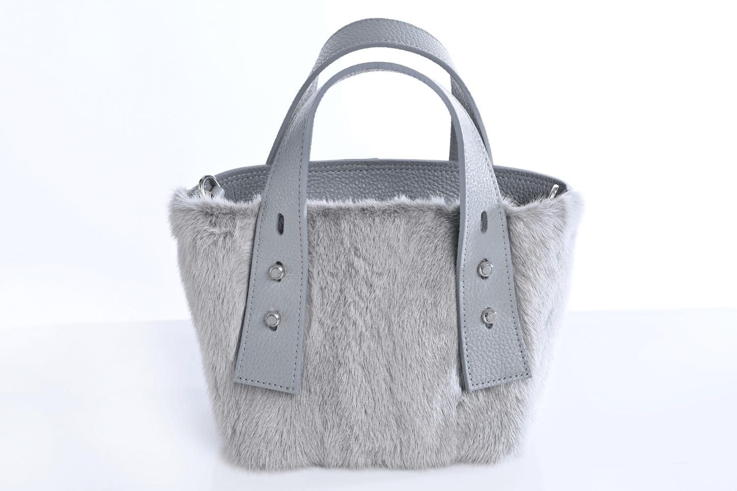 Small Mink Leather Bag - Light Grey fur view